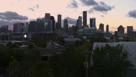 Descending-drone-shot-of-downtown-Houston,-Texas