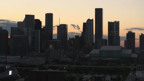 Aerial-video-of-downtown-Houston,-Texas-at-night