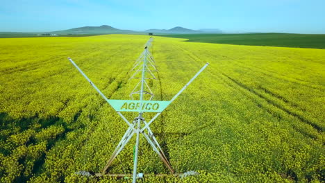 Slow-tracking-shot-over-an-irrigation-system-on-a-Canola-field,-birds-taking-off,-table-mountain-in-the-background