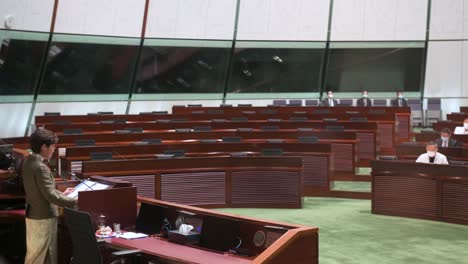 Carrie-Lam,-former-Hong-Kong-chief-executive,-delivers-annual-policy-address-amidst-vacated-seats-where-democrats-once-sat,-post-resignation-at-Legislative-Council-Chamber-in-Hong-Kong