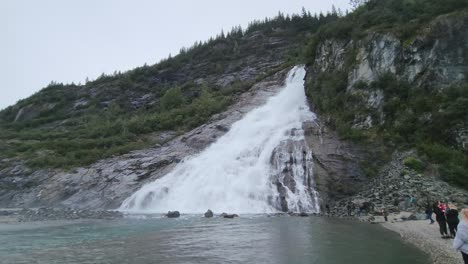 Nugget-Falls-near-Mendenhall-Glacier-in-Juneau-Alaska-viewed-from-near-water