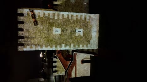 Vertical-night-aerial-of-audiovisual-show-against-Ozama-Fortress,-Santo-Domingo