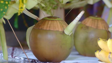 Carved-coconut-decor-for-kembar-mayang-Indonesian-wedding,-sitting-next-to-bananas