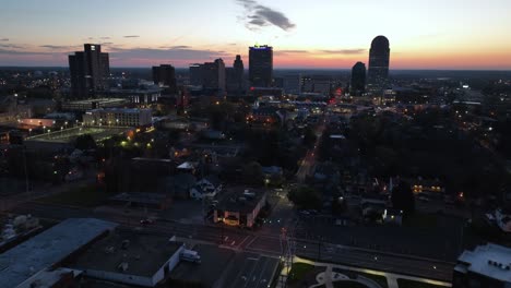 aerial-push-in-to-Winston-Salem-NC,-North-Carolina-Skyline