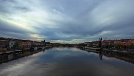 Panoramic-Vlatva-River-landscape-charles-bridge,-Prague-chech-republic-water-sightseeing-viewpoint,-waterfront-historic-architecture