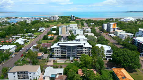 Aerial-Drone-of-Multi-Story-Apartment-Complex-Pullback-To-Reveal-Panoramic-Coastal-Suburb-in-Darwin-NT-Australia