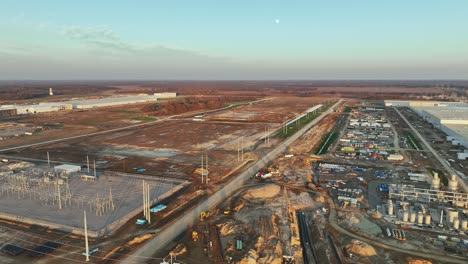 Aerial-pan-Ford's-Megacampus,-BlueOval-City-at-Sunset-in-Stanton,-TN