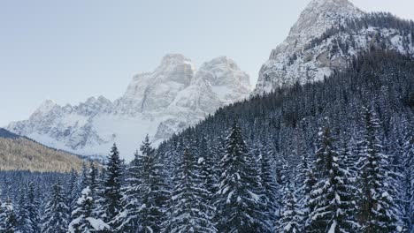 Drone-Vuela-Cerca-De-Las-Copas-De-Los-árboles-Del-Bosque-Invernal-Hasta-Los-Picos-Helados-De-La-Montaña-Pelmo-Dolomitas