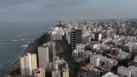 Aerial-Drone-Morning-Footage-Of-Lima-Skyline,-The-Capital-City-Of-Peru-In-South-America-Miraflores-Chorrillos-Barranco-Malecón-De-Miraflores-Cliffs