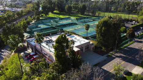 Aerial-view-circling-a-LAFD-station,-sunny-day-in-Los-Angeles,-California,-USA