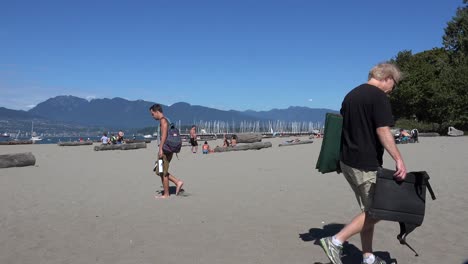 Two-walkers-on-beach-in-summer-in-Vancouver