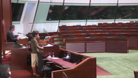 Carrie-Lam,-former-Hong-Kong-chief-executive,-delivers-annual-policy-address-amidst-vacated-seats-where-democrats-once-sat,-post-resignation-at-Legislative-Council-Chamber-in-Hong-Kong