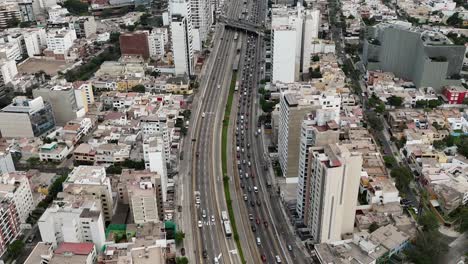 Drone-aerial-footage-of-traffic-in-Lima-the-capital-city-of-Peru-in-south-america-Mireflores-barranca