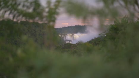 Close-up-view-from-within-the-jungle,-with-the-Iguazu-Falls-in-the-background-during-a-beautiful-sunset