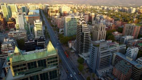 Aerial-Panorama-of-Financial-buildings-by-the-Apoquindo-Avenue,-Santiago-cityscape,-Chile