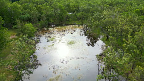 Aerial-Drone-of-Small-Creek-Reflecting-Bright-Sky-in-Calm-Water-On-Residential-Property