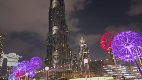 Pan-shot-of-the-Dubai-skyline-with-Burj-Khalifa-and-the-Address-Hotel-near-the-Dubai-Fountain-in-the-United-Arab-Emirates-