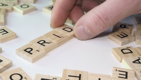 Spielfliesenbuchstaben-Auf-Weißer-Tischplatte-Bilden-Wortstolz,-Scrabblespiel