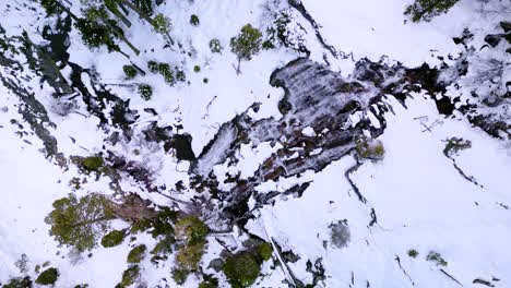 Aerial-view-of-Lower-Eagle-Falls-in-Winter,-Desolation-Wilderness,-Emerald-Bay-State-Park