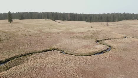 El-Paisaje-De-Kruse-Hory-Presenta-Un-Campo-Abierto-Con-Parches-De-Hierba,-Un-Arroyo-Sinuoso-Y-Un-Bosque-Distante-Bajo-Un-Cielo-Despejado.