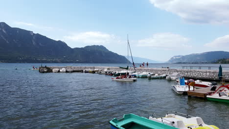 Tourists-on-Pedal-Boats-at-Bourget-Lake-Beautiful-Summer-Day-in-Savoie