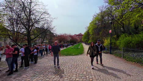 People-Line-up-On-The-Alley-In-Alej-Obeti-Totality-Memorial-Park-In-Prague,-Czechia