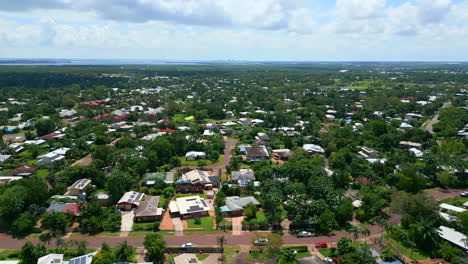 Aerial-Drone-of-Residential-Suburb-In-Gray-Darwin-NT-Australia,-Panoramic-Orbit-of-Homes-with-Thick-Tree-Stand