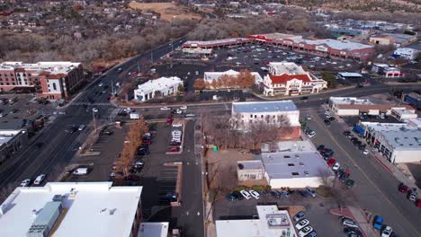 Prescott-USA,-Aerial-View-of-Downtown-Buildings,-Shops-and-Streets,-Drone-Shot