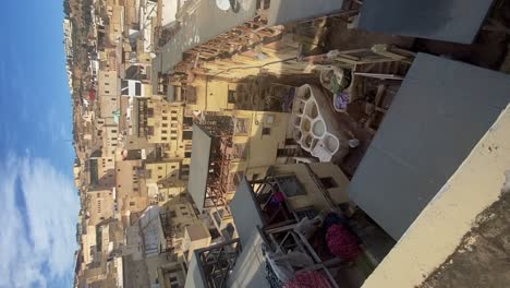 Vertical,-Top-View-of-Leather-Tanneries-in-Fez-Medina,-Morocco