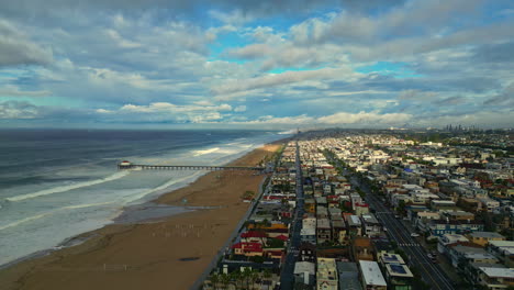 Panoramic-drone-Manhattan-beach-Aerial-cityscape-beachfront-white-sand-waves-crushing-sunset-skyline,-san-francisco-california-travel-destination