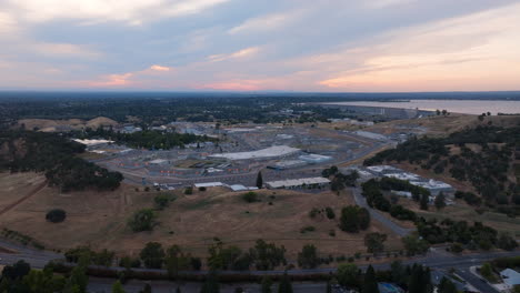 Aerial-Drone-View-of-Folsom-Prison-and-Folsom-Lake-during-sunset