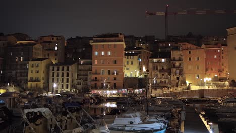 Puerto-De-Barcos-De-Bastia-Por-La-Noche-En-Córcega,-Francia