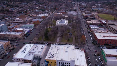 Prescott-AZ-USA,-Drone-Shot-of-Downtown,-Courthouse-Plaza-and-Yavapai-County-Court