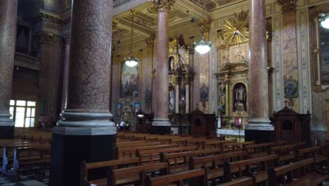 Empty-prayer-room-at-christian-church-basilica-of-san-jose-de-flores-argentine-religious-landmark,-shiny-hall-of-eclectic-architecture,-south-american-capital-buenos-aires