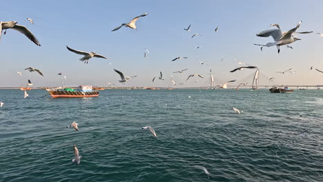 Die-Panorama-Szene-Der-Bucht-Zeigt-Verankerte-Boote,-Eine-Frische-Brücke-Und-Einen-Belebten-Pier-Mit-Einheimischen,-Die-Auf-Boote-Warten,-Und-Fängt-Das-Wesen-Einer-Blühenden-Gemeinde-Am-Wasser-Ein