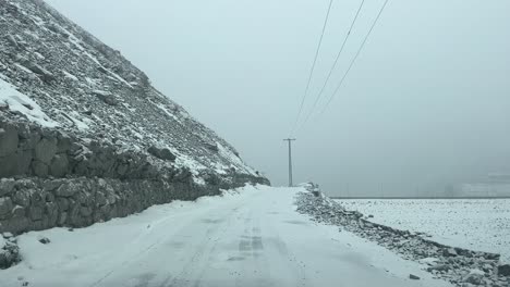 Front-view-of-snow-covered-mountain-roads-in-Skardu,-Pakistan