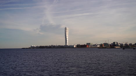 Distant-View-Of-Turning-Torso-Building-Across-Oresund-Strait-In-Malmo,-Sweden