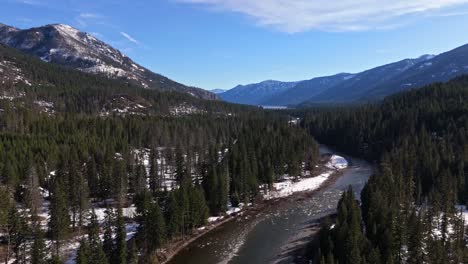 Beautiful-Scenic-shot-of-river-and-forest-with-snow-capped-mountain-range-in-the-background-in-Cle-Elum-on-a-clear-day-in-Washington-State