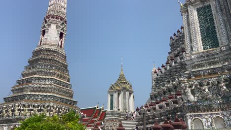 Impressive-stupas-in-Wat-Arun-temple-of-Bangkok,-Thailand