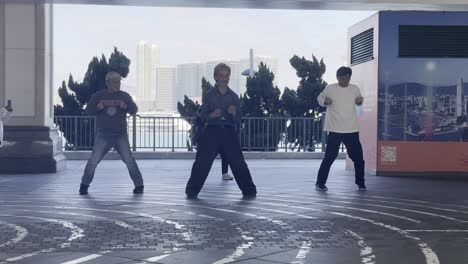 In-Hong-Kong,-amidst-the-towering-yachts-of-the-marina,-a-group-of-folks-gracefully-perform-Tai-Chi