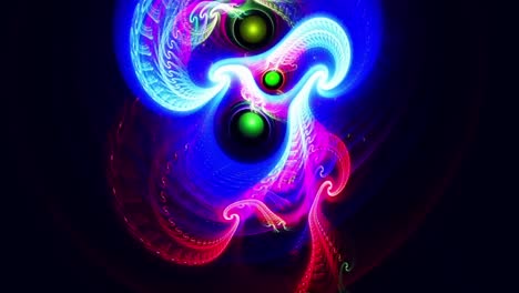 Strings-of-blue,-red-waves-moving-with-green-abstract-balls-in-middle