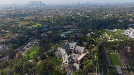 Aerial-Shot-Above-Historical-Greystone-Mansion-in-Beverly-Hills,-California-in-Daytime