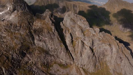 Aerial-view-of-Segla-mountain-above-the-sky,-Norway-during-summer