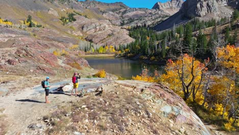 Beautiful-Aerial-Shot-Flyover-Lake-Blanche-and-tourists-capturing-the-beautiful-landscape