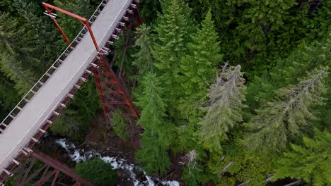 Bird's-eye-view-of-bridge-above-flowing-river-in-dense-Evergreen-forest-in-Snoqualmie,-Washington-State