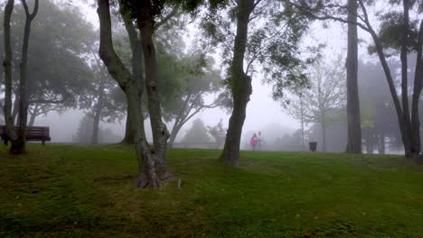 Lisboa,-Parque-Eduardo-VII---Captivating-Drone-Panorama:-A-Low-Flying-Journey-Over-a-Fog-Enshrouded-Park-in-Lisbon,-Featuring-Verdant-Trees,-a-Mysterious-Statue,-and-a-Strolling-Couple