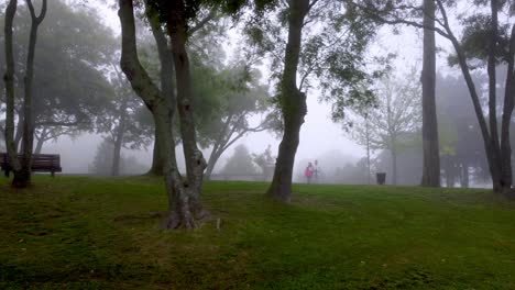 Lisboa,-Parque-Eduardo-Vii---Cautivador-Panorama-Con-Drones:-Un-Viaje-En-Vuelo-Bajo-Sobre-Un-Parque-Envuelto-En-Niebla-En-Lisboa,-Con-árboles-Verdes,-Una-Estatua-Misteriosa-Y-Una-Pareja-Paseando