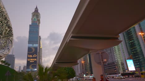 Pan-shot-of-The-Most-Beautiful-Building-On-Earth---The-museum-of-the-Future-located-in-the-Sheikh-Zayed-road-near-the-Trade-Centre-Dubai