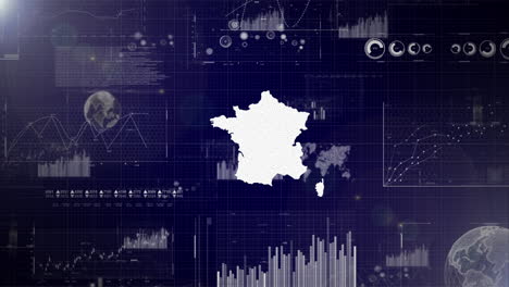 Unternehmenshintergrund-Des-Landes-Frankreich-Mit-Abstrakten-Elementen-Von-Datenanalysediagrammen.-Ich-Zeige-Ein-Technologisches-Video-Zur-Datenanalyse-Mit-Globus,-Wachstum,-Grafiken-Und-Statistischen-Daten-Des-Landes-Frankreich