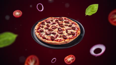 Pizza-De-Salchicha-Napolitana-En-Una-Introducción-De-Animación-De-Plato-Para-Publicidad-O-Marketing-De-Restaurantes-Con-Los-Ingredientes-Del-Plato-Volando-En-El-Aire---Etiqueta-De-Precio-O-Venta